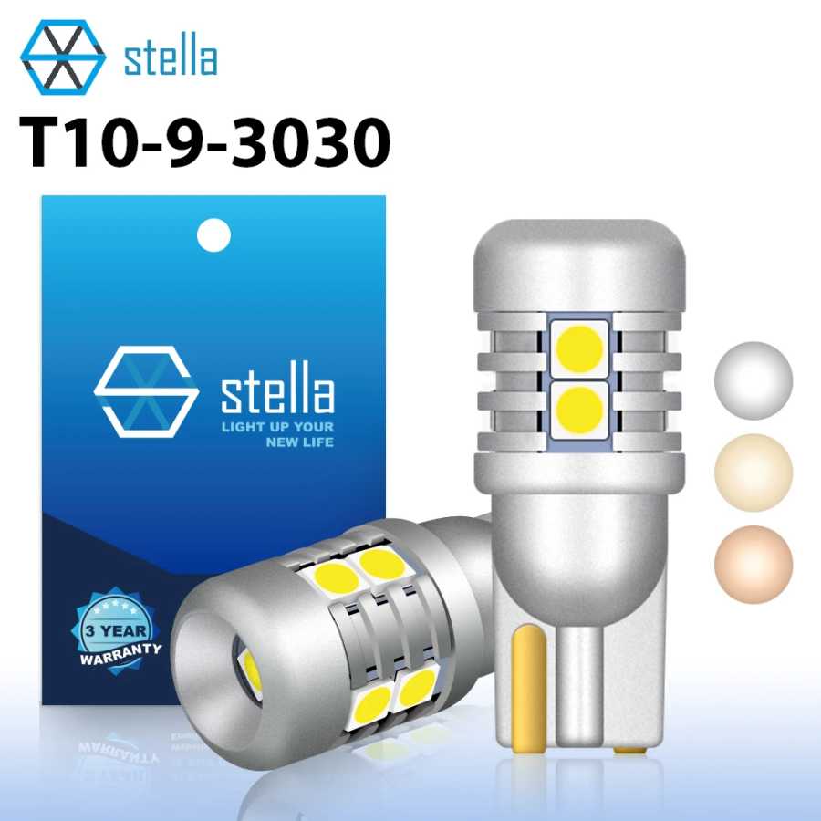 Stella 2 шт. 9-46 В T10 LED W5W 3000k Теплый белый 4300K Природный белый 6000K Холодный белый Высокая яркая лампа Canbus Лампа 9SMD 3030 Чип 