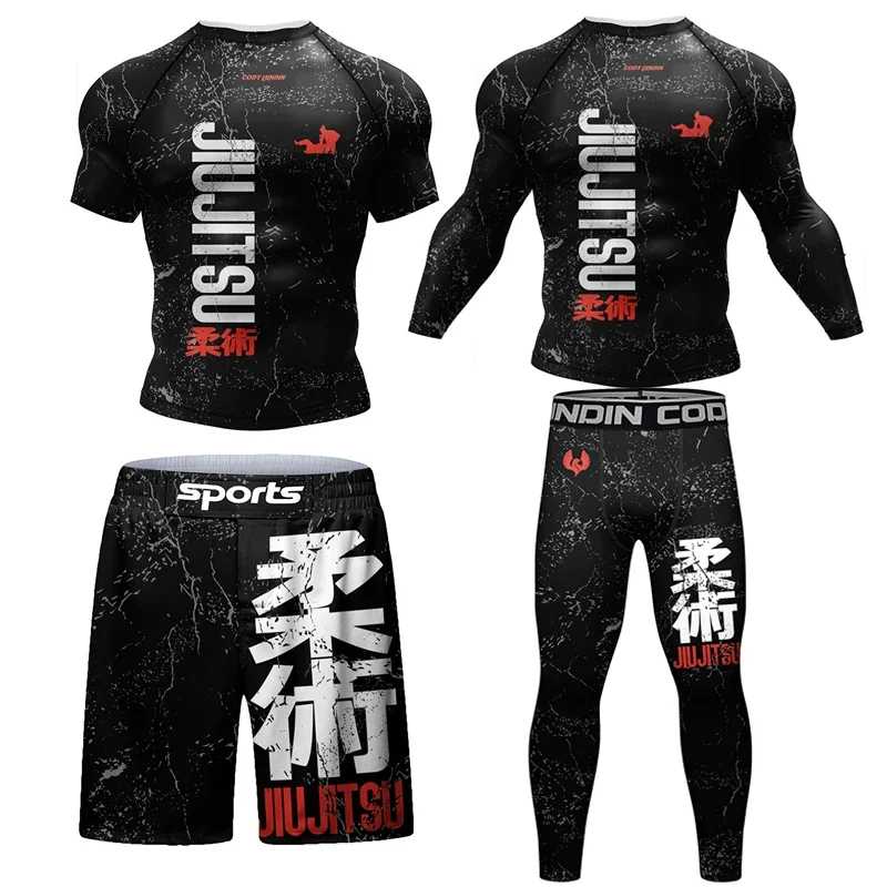Новый джиу джитсу Рашгард майка MMA + брюки для мужчин 4 шт/комплект бразильские перчатки Bjj боксерская Рашгард спортивная одежда шорты для спортзала Мужские комплекты (новые)