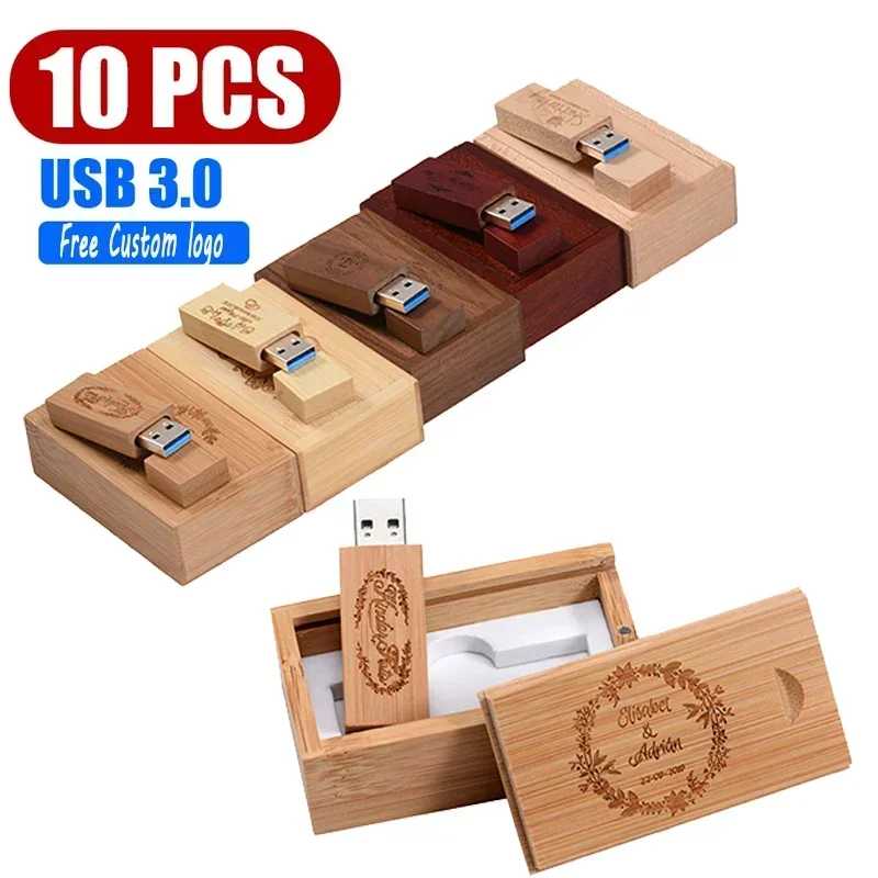 10 шт. в партии USB 3.0 Бесплатный индивидуальный логотип Деревянный USB-накопитель с коробкой USB-накопитель Pendrive 4 ГБ 8 ГБ 16 ГБ 32 ГБ 64 ГБ Память для подарка Хранение данных