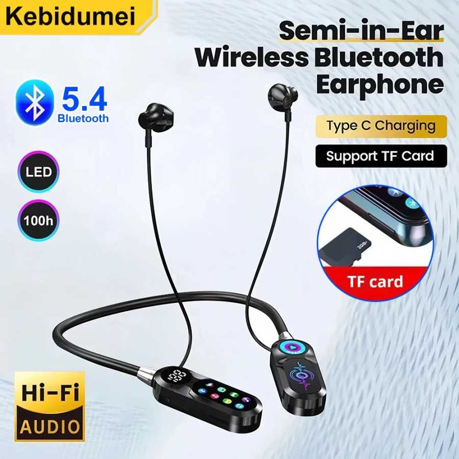 Наушники Bluetooth 5.4 с HD-экраном, беспроводные TWS-гарнитуры с шейным ремешком, HiFi-стерео, водонепроницаемые, с поддержкой TF-карты Портативное аудио и видео