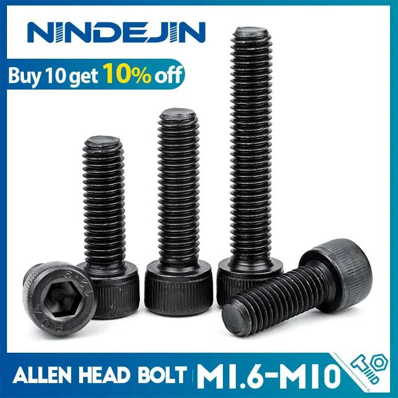 NINDEJIN Болты с шестигранной головкой и шестигранной головкой M1.6 M2 M2.5 M3 M4 M5 M6 M8 M10 12.9 Винт с шестигранной головкой из углеродистой стали DIN912 Крепеж и скобяные изделия