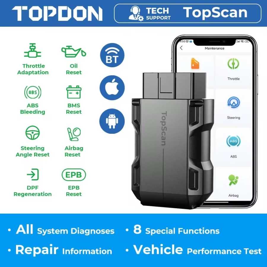 Диагностический сканер TOPDON TopScan Lite: Умный диагностический инструмент, руководство по ремонту DTC, считыватель кодов OBD2 по Bluetooth, полная система активных тестов Инструмент для ремонта автомобилей