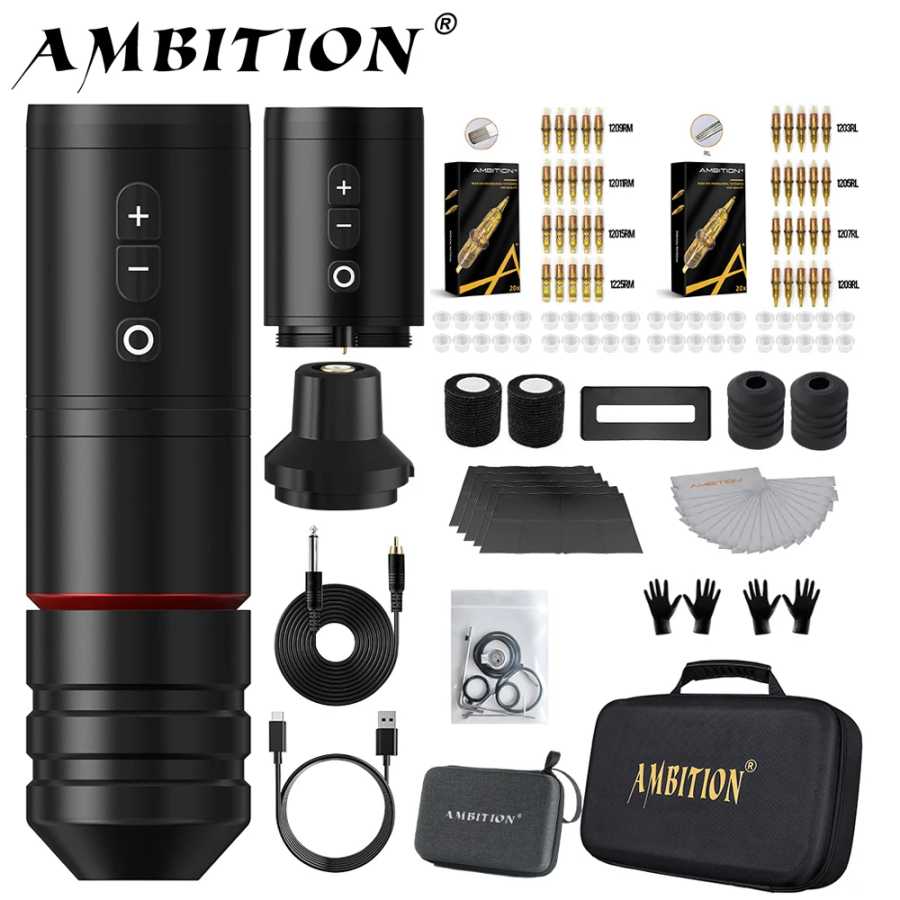 Беспроводная тату-машинка Ambition Ninja Pro, комплект 2000 мАч, аккумуляторная ручка для татуировки, профессиональный полный набор инструментов для перманентного макияжа, боди-арт Татуировки и боди-арт