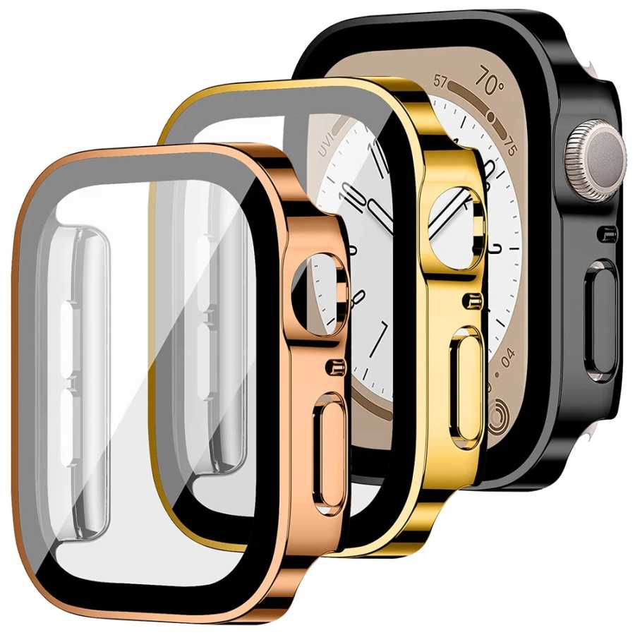 Стекло + чехол для Apple Watch серии 8 7 6 5 4 se 44 мм 45 мм 41 мм 40 мм ПК Водонепроницаемая защитная пленка для экрана Apple Watch Аксессуары Аксессуары для часов