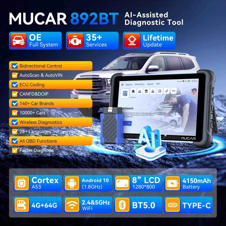 Фотография №1 товара MUCAR 892BT Программирование ключей AI Автомобильный диагностический инструмент Двунаправленный сканер
