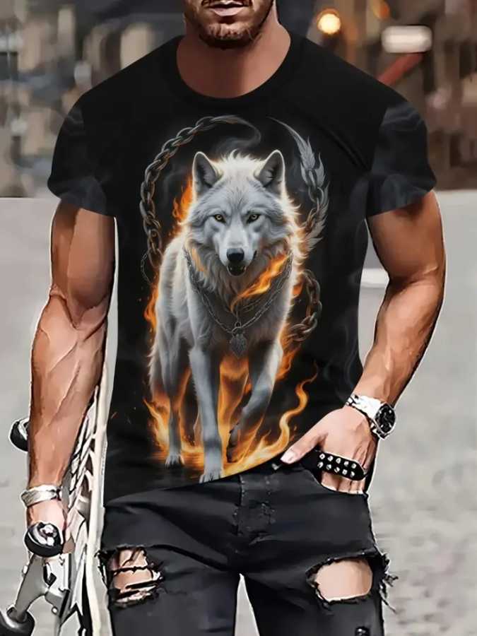 Фотография №4 товара Мужская футболка с 3D принтом Fire Wolf, летняя повседневная футболка