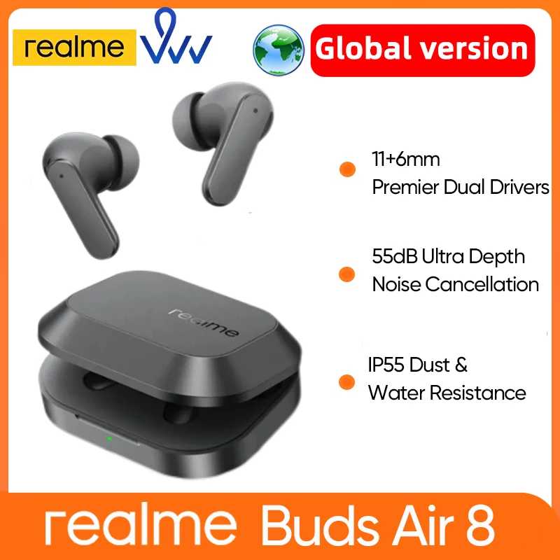 Наушники realme Buds Air 8 Global Version с активным шумоподавлением, беспроводные, с длительным временем работы от батареи, Bluetooth 5.4, TWS Портативное аудио и видео