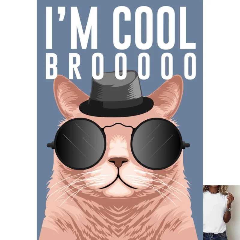 Модный принт с котом в шляпе и солнцезащитных очках &laquo;I'M COOL BROOOO&raquo;, термотрансферный, белыми чернилами, для нанесения утюгом, подходит для футболок/холщовых сумок. Искусство, ремесла и шитье