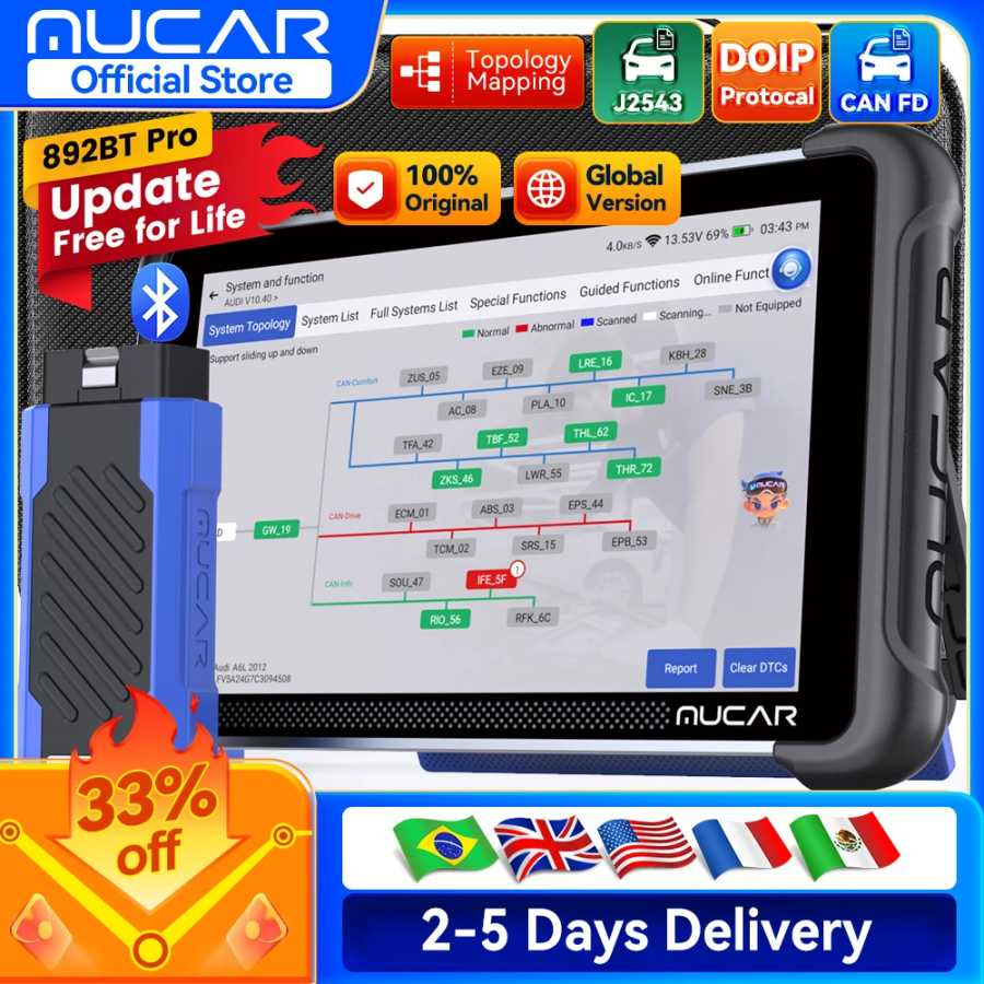 Бесплатное обновление: Диагностический сканер MUCAR 892BT Pro OBD2 J2534 CAN FD/DoIP для всех систем, двунаправленный сканер, карта топологии, 35 функций сброса Инструмент для ремонта автомобилей