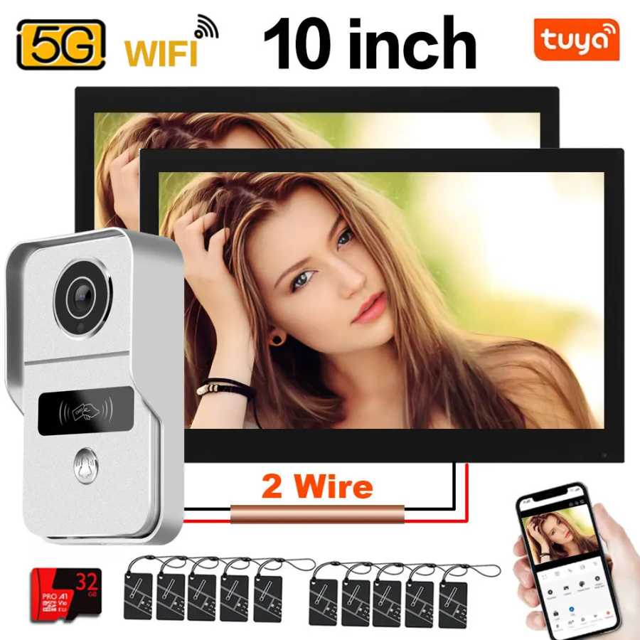Tuya 1080P 5G Wi-Fi 7/10-дюймовые сенсорные мониторы (2 шт.) для домофонной системы в квартире, 2-проводной дверной звонок, считывание карт, разблокировка через приложение и NFC Доступ к автоматизации здания