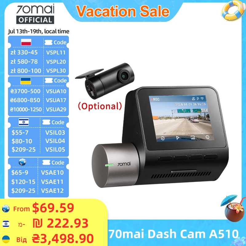 Видеорегистратор 70mai A510 1944P HDR GPS ADAS 4G Connectivity 70mai 4G Передняя камера A510 Автомобильный видеорегистратор 24H Поддержка парковки Задняя камера Автоэлектроника