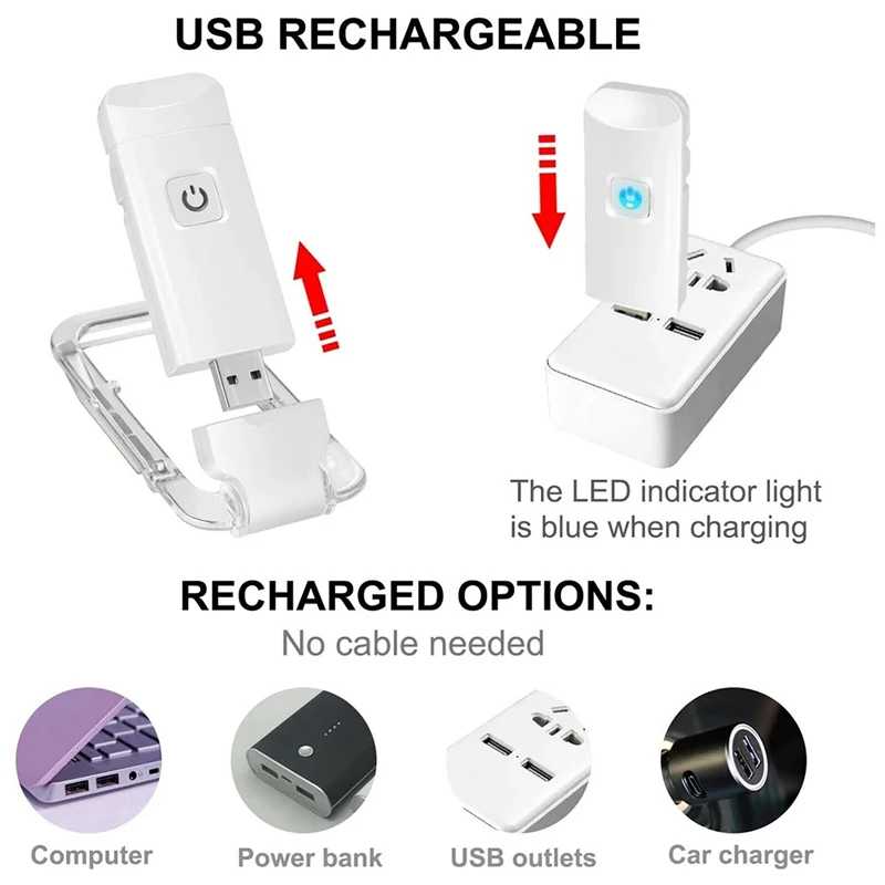 Фотография №3 товара Светодиодный USB перезаряжаемый светильник для чтения книг, регулируемая яркость, зажим