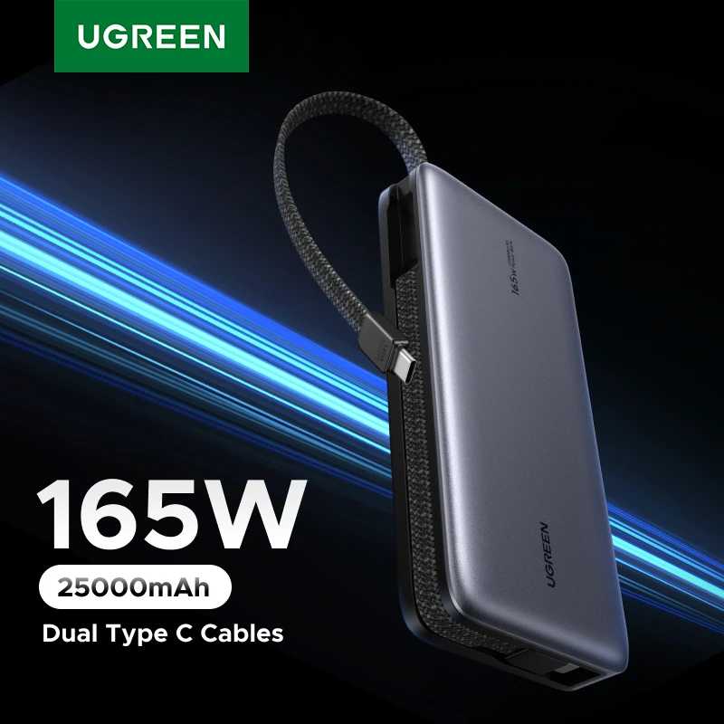 Внешний аккумулятор UGREEN Nexode PD 165 Вт 25000 мАч 140 Вт PD3.1 140 Вт 100 Вт Портативное быстрое зарядное устройство с двумя кабелями Type C Внешний аккумулятор Аксессуары для мобильных телефонов