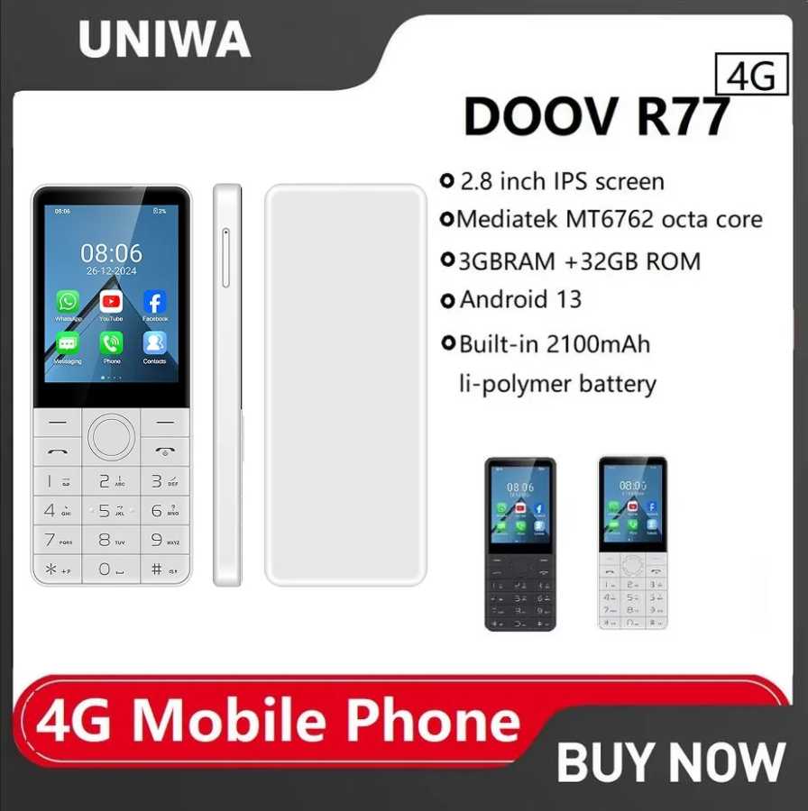 НОВАЯ сенсорная клавиатура DOOV R77 4G Google Phone Android 13 2,8 дюйма, экран 3 ГБ + 32 ГБ, 2100 мАч, вольт-вызов, сотовый телефон WhatsApp, иврит, арабский телефон Мобильные телефоны