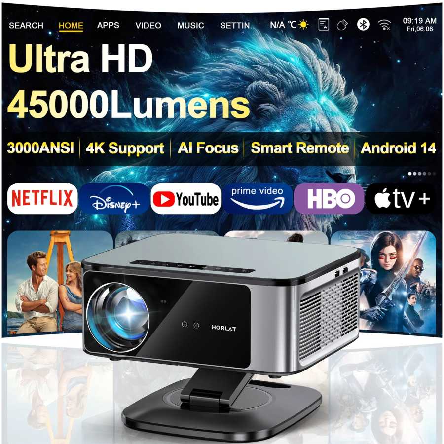 Проектор HORLAT 2026, 45000 люмен, 4K Ultra HD, с автофокусом TOF, Android 14, WiFi 6, Full HD 1080P, для домашнего кинотеатра, работающий при дневном свете ТВ, аудио- и видеотехника