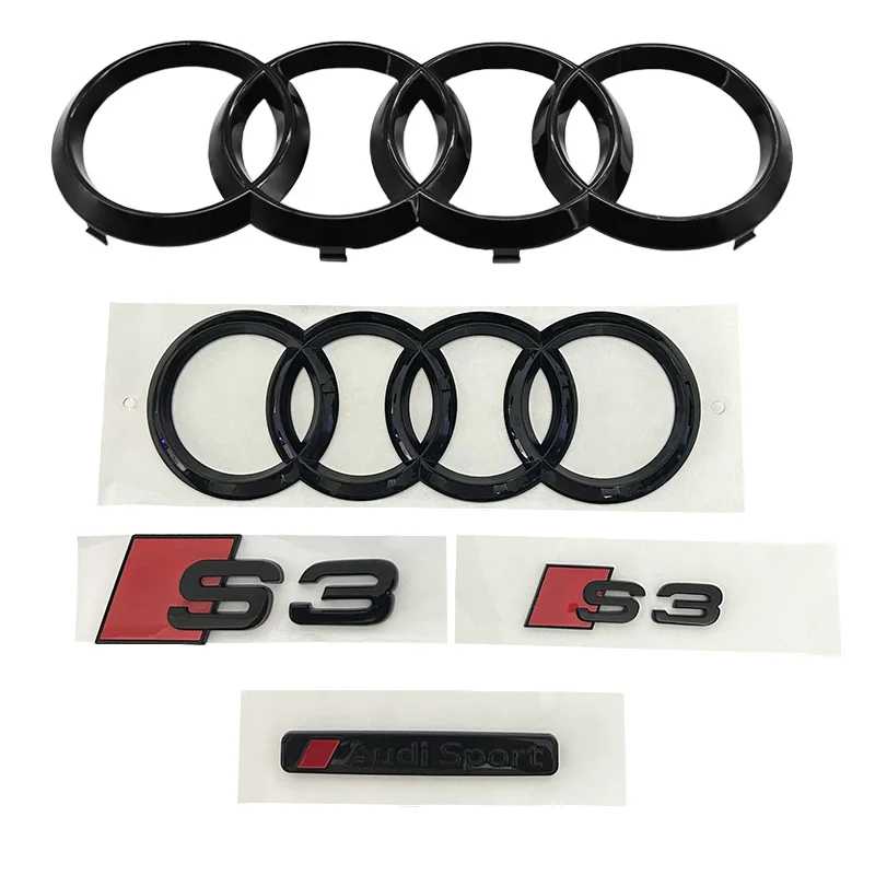 Эмблема AODI S3 2010-2020 с 4 кольцами, черная, из ABS-пластика, для капота, передней решетки, заднего багажника, наклейка-значок Sline, для тюнинга Детали экстерьера