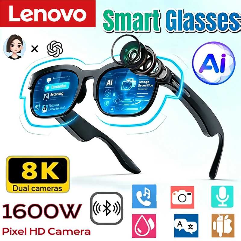 Умные очки Lenovo 2026: Новинка с ИИ-переводом, Bluetooth, записью разговоров, прослушиванием музыки. Смарт-очки для мужчин и женщин. Умная электроника