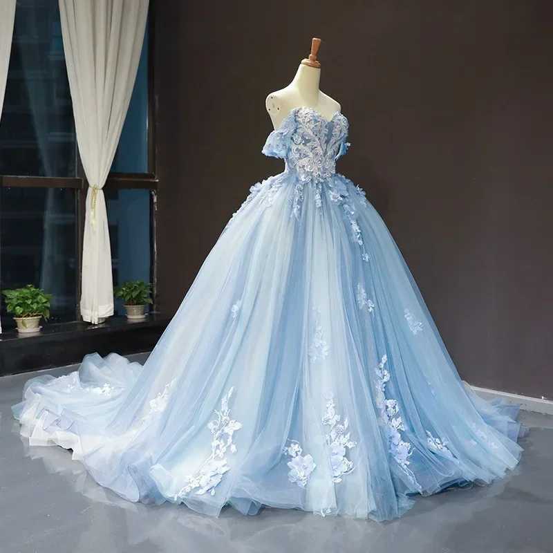 Синие платья Quinceanera, новое классическое платье принцессы для выпускного вечера с открытыми плечами, бальное платье с кружевной аппликацией и небольшим шлейфом, индивидуальный размер Готовые к износу Платья