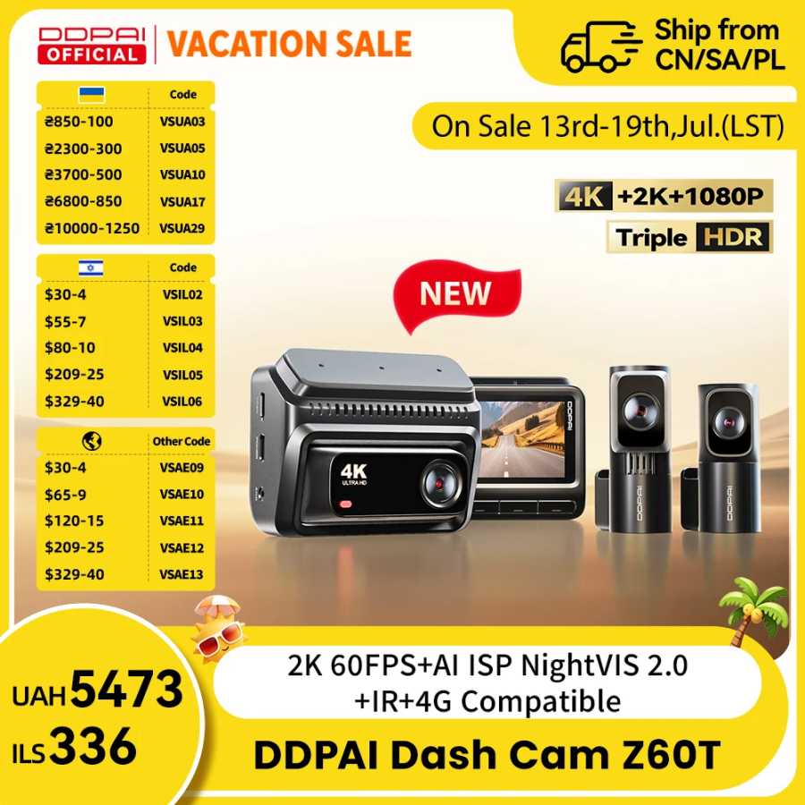 Видеорегистратор DDPAI Z60T с 3-канальной записью HDR 4K+2K+1080P (фронтальная, задняя, салонная камеры), ночным видением, круглосуточным мониторингом парковки и ADAS. Автоэлектроника