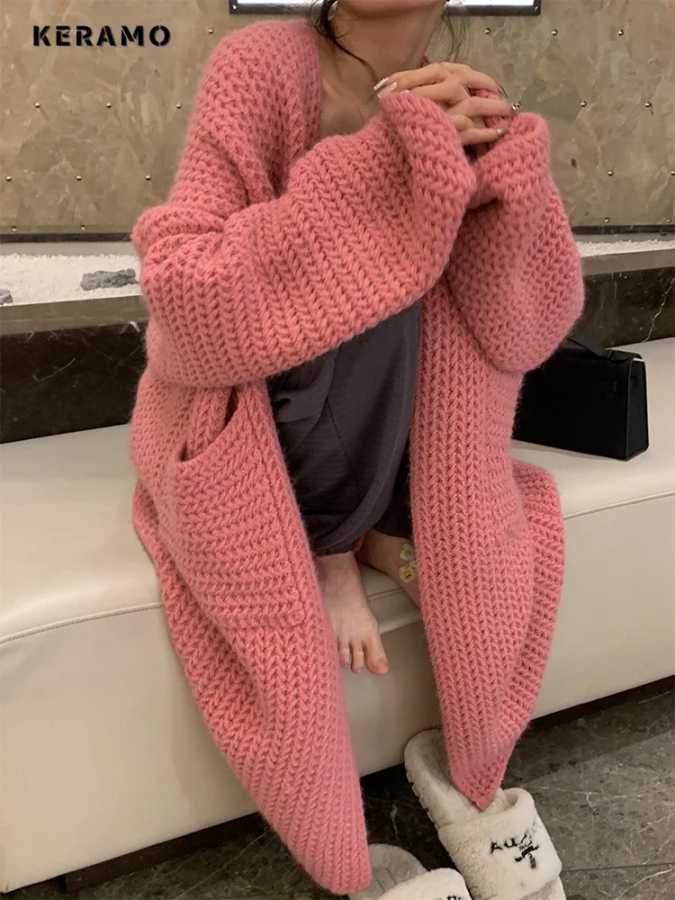 Женский вязаный однобортный Кардиган оверсайз, повседневный однотонный Свободный кардиган с длинным рукавом и V-образным вырезом, Осень-зима 2023 Свитеры и джемперы
