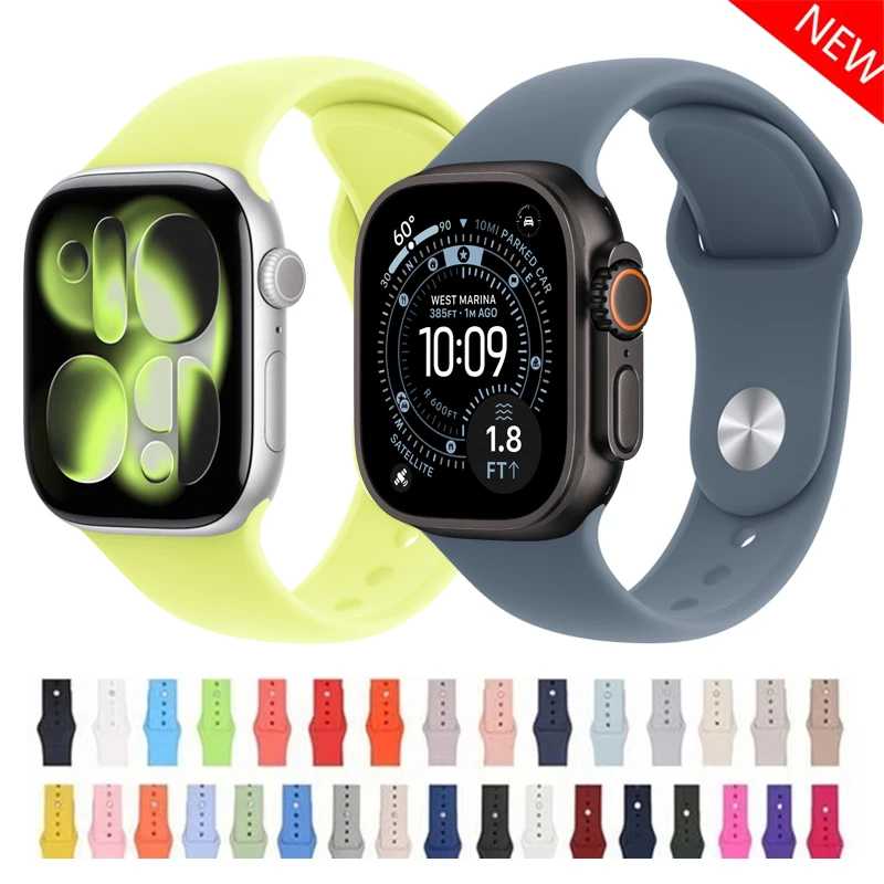 Новый силиконовый ремешок для Apple Watch ремешки 11 42 мм 46 мм 44 мм 40 мм 41 мм 45 49 мм Спортивный браслет iWatch Series 10 9 8 7 SE3 Ultra 3 2 Аксессуары для часов
