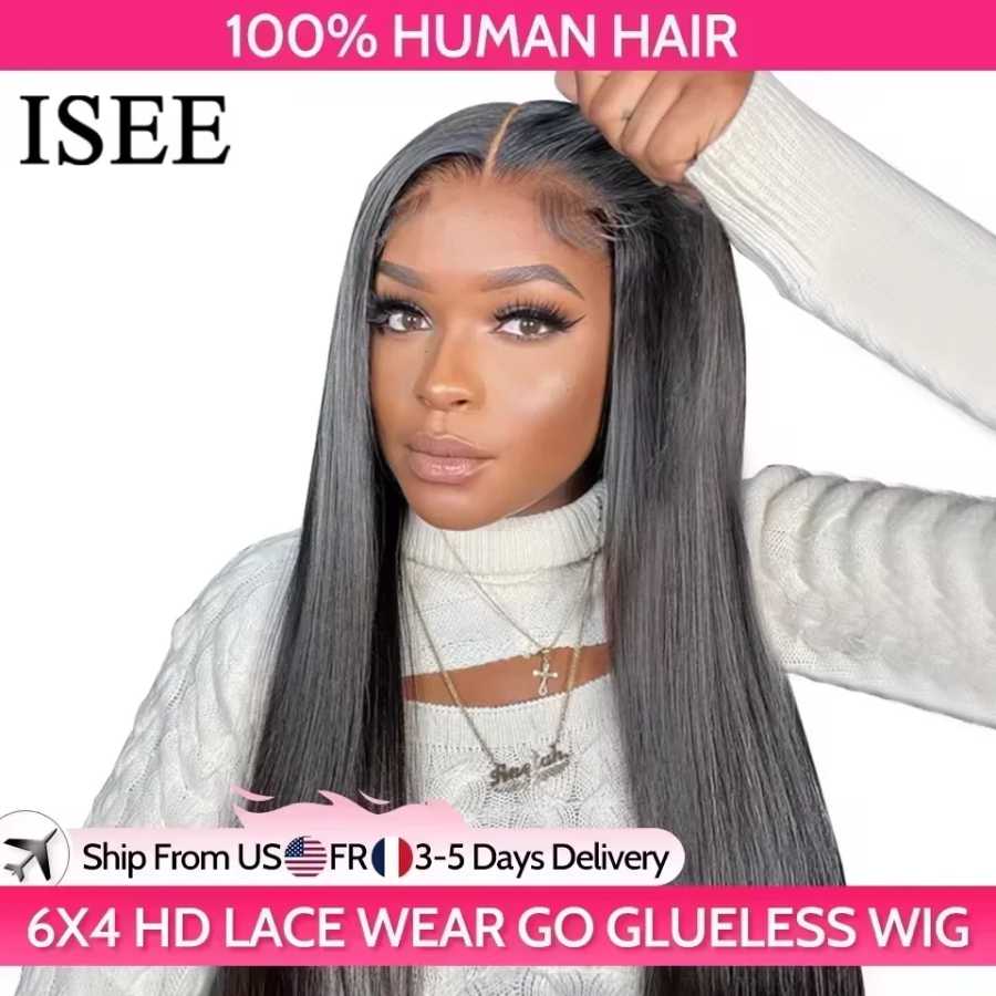 ISEE Hair Glueless Wigs Human Hair Ready To Wear Прямые бесклеевые предварительно выщипанные парики Wear And Go 7x5HD Парики из кружева спереди PreCut Lace Парики из натуральных волос (для брюнетов)