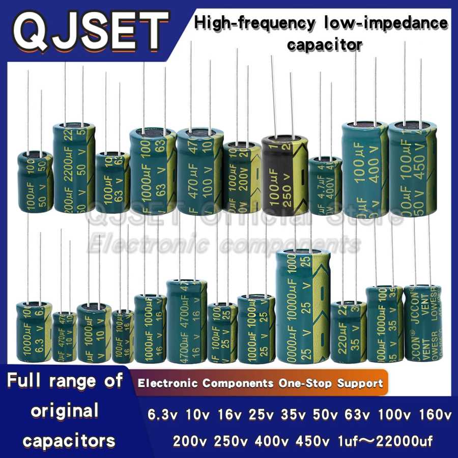 Высокочастотные алюминиевые конденсаторы JCCON 6.3V 10V 16V 25V 35V 450V 100V 400V 100UF 220 330 470 680 1000 1500 2200 3300UF с низким уровнем саморазряда Пассивные компоненты