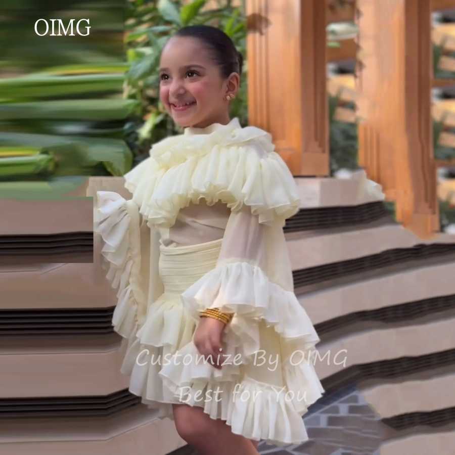 Фотография №3 товара OIMG светло-желтые трапециевидные платья для девочек-цветочниц с высоким воротом, плиссированное