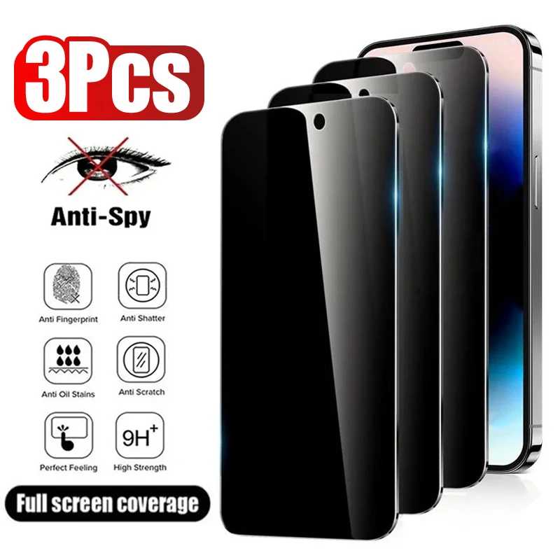 Комплект из 3-х антишпионских стекол для iPhone 17, 16, 15, 14, 13, 12, 11 Pro Max, защитное стекло для конфиденциальности экрана iPhone 13 Mini, 14 Plus, 14 Pro, 15, 16e Защитная пленка для мобильного телефона