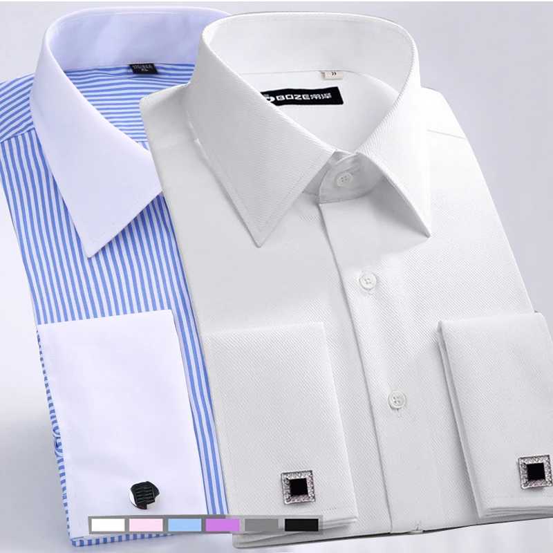 M ~ 6XL Мужская классическая рубашка с французскими манжетами 2024Новая белая рубашка с длинными рукавами и деловыми пуговицами Мужские рубашки обычного кроя Рубашка с запонками Мужские рубашки