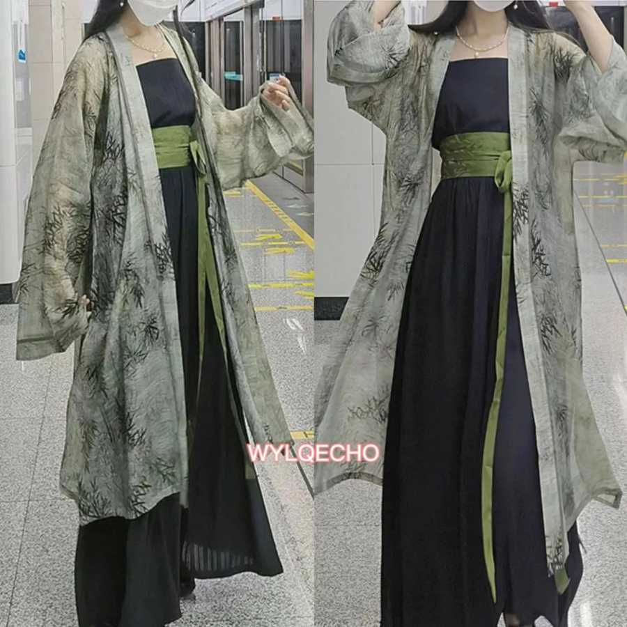 Новый китайский стиль Hanfu, женский свободный костюм династии Сун Hanfu, кимоно, халат, комбинезоны, винтажный зеленый китайский костюм Hanfu Этническая одежда
