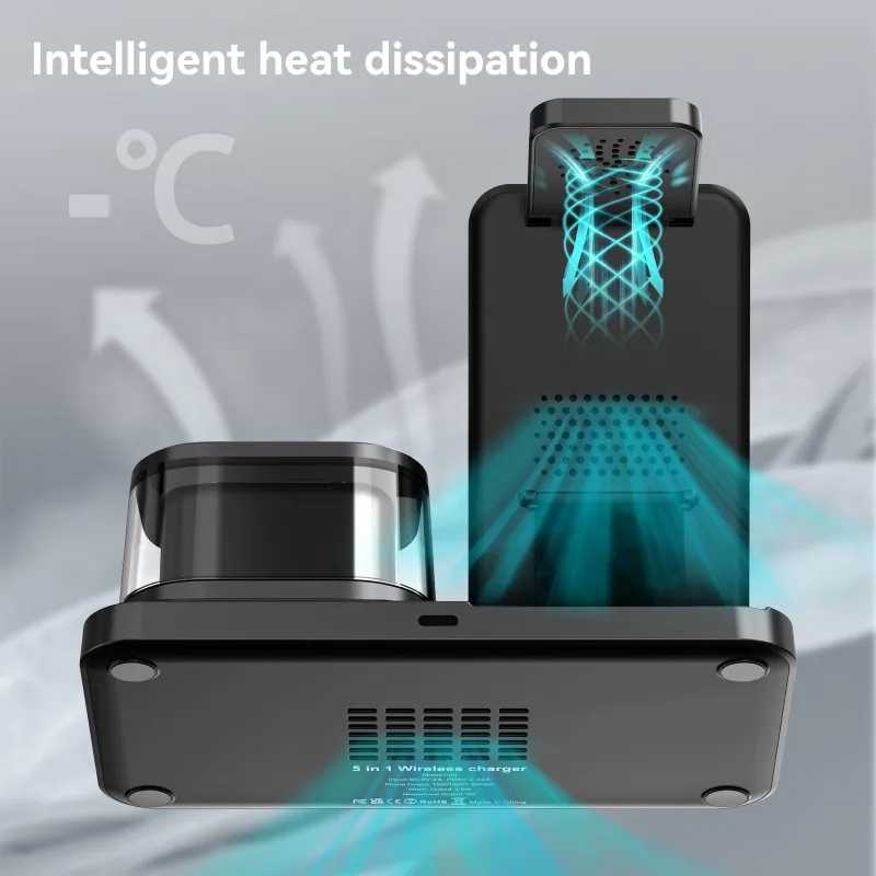 (ABKM) Складная беспроводная зарядная станция 5-в-1 для смартфонов - часы, ночник, быстрая зарядка 22,5 Вт Ночники