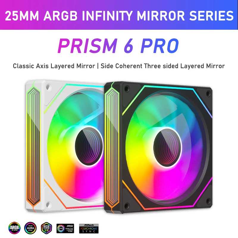Zezzio Prism 6 PRO 120 мм Вентилятор для корпуса ПК ARGB 12 В 4-контактный ШИМ Воздушный охладитель Вентилятор охлаждения процессора 3-стороннее бесконечное зеркало Вентилятор для корпуса компьютера Компьютерные комплектующие