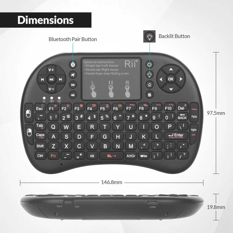 Фотография №2 товара Мини-клавиатура Rii Bluetooth с сенсорной панелью и подсветкой, портативная беспроводная