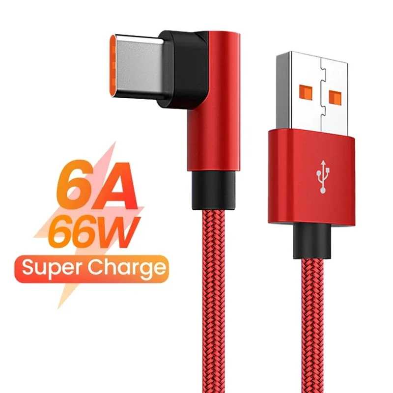 6A 66 Вт USB-кабель для быстрой зарядки типа C для Huawei Xiaomi 14 Redmi Honor OPPO Realme POCO 90-градусный локоть-кабель для зарядного устройства для игр Аксессуары для мобильных телефонов