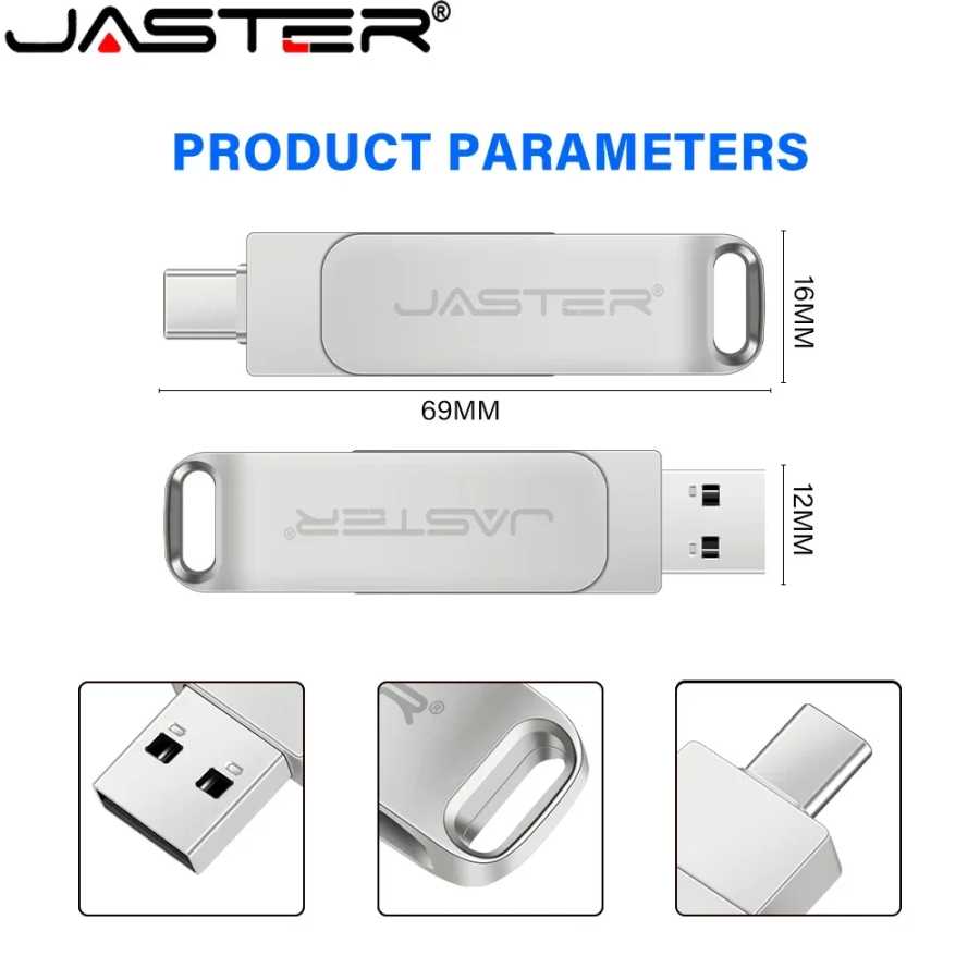 Фотография №2 товара JASTER Бесплатный индивидуальный логотип TYPE-C Pen Drive 128 ГБ Вращающийся