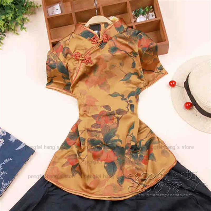 Атласный топ Ципао, женская элегантная блузка, рубашка Cheongsam с цветочным принтом, традиционная одежда в китайском стиле Тан, новый костюм на лето и осень Этническая одежда