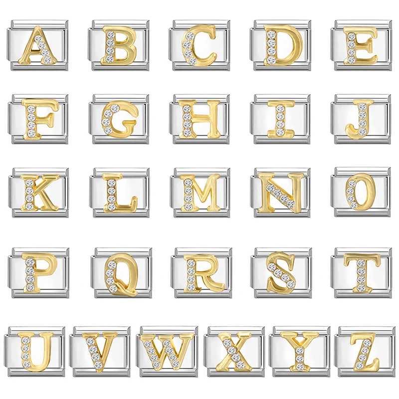 Модный циркон 26 английских букв A-Z, большие золотые цвета, итальянский шарм, подходит для браслета из нержавеющей стали 9 мм, для женщин и мужчин, изготовление своими руками Бижутерия