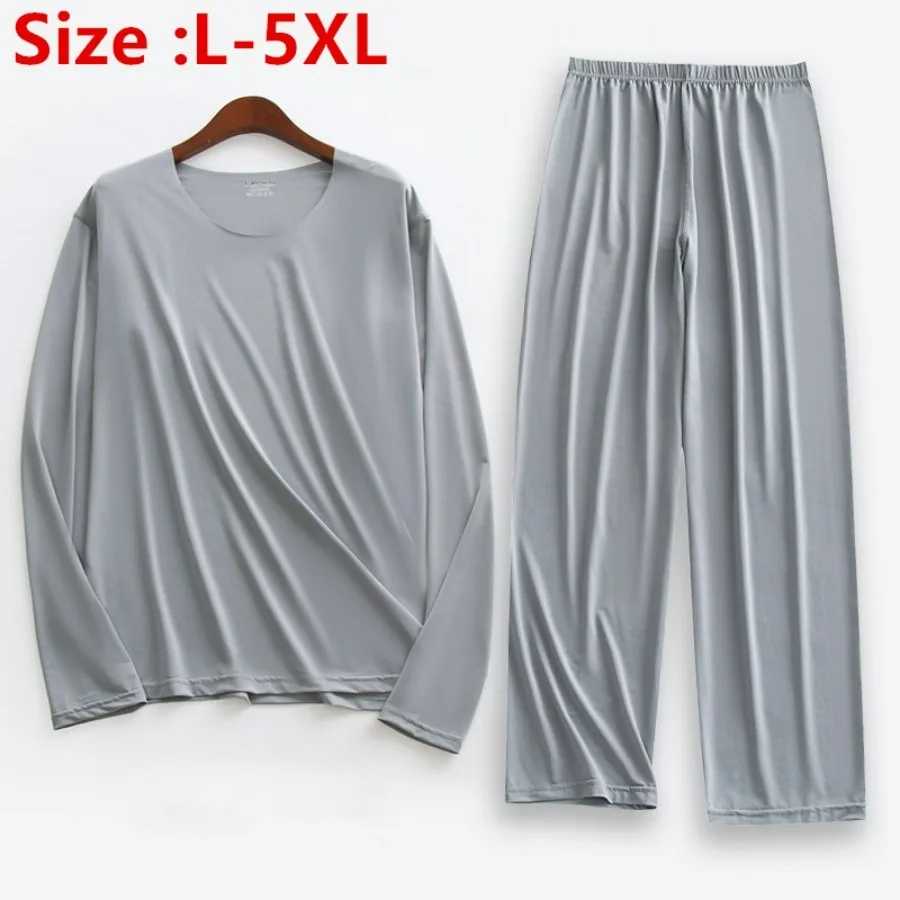 Плюс размер 5XL, мужской пижамный комплект из ледяного шелка, однотонные топы с длинными рукавами и брюки, одежда для сна, комплекты из 2 предметов, мягкая удобная домашняя одежда для сна, мужская Мужская одежда для сна и отдыха
