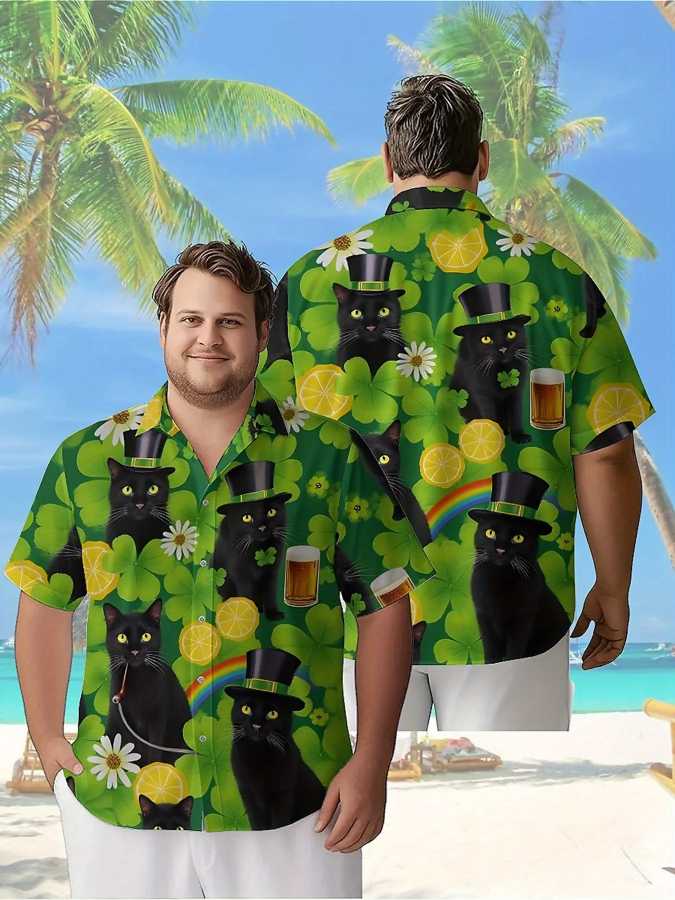Мужские гавайские рубашки больших размеров с рисунком кота и четырехлистного клевера, летние повседневные топы, уличная и вечеринка, уличная одежда Мужская одежда больших размеров