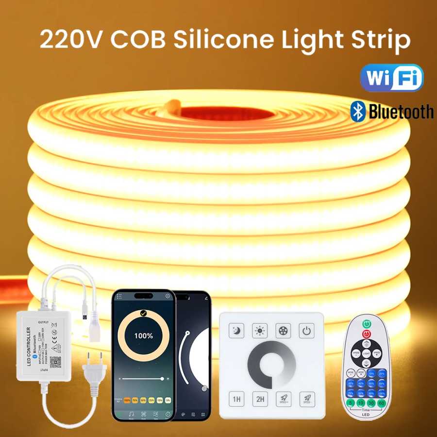 Светодиодная лента COB 220В с регулировкой яркости, Wi-Fi, Bluetooth, сенсорным управлением, 23-клавишным пультом ДУ, комплектом питания, 288 светодиодов/м, водонепроницаемая, гибкая лампа Светодиодная подсветка