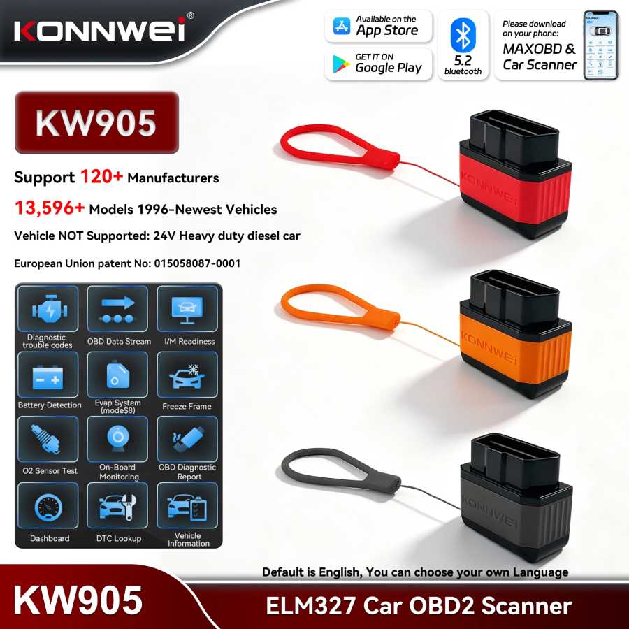 KONNWEI KW905 ELM327 OBD2 Автомобильный сканер Bluetooth 5,0 Сканер неисправностей двигателя Инструмент для чтения кодов OBDII Диагностический инструмент для Android/IOS Инструмент для ремонта автомобилей
