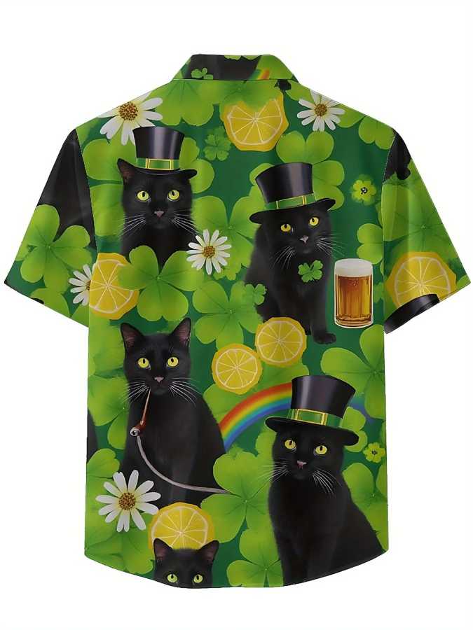 Фотография №4 товара Мужские гавайские рубашки больших размеров с рисунком кота и четырехлистного