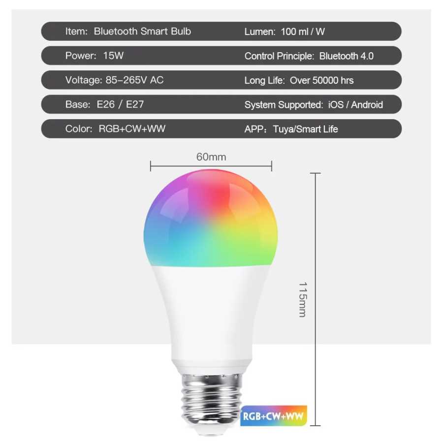 Фотография №5 товара Bluetooth Smart LED Bulb Tuya Light Bulbs AC 85-265V Регулируемая