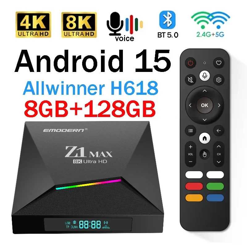 ТВ-приставка Z1 Max на Android 15 с IPTV, Allwinner H618 Quad Core, двухдиапазонный Wi-Fi (4G/5G), поддержка HD 8K/4K, медиаплеер, Bluetooth 5.0, голосовой пульт ДУ ТВ, аудио- и видеотехника