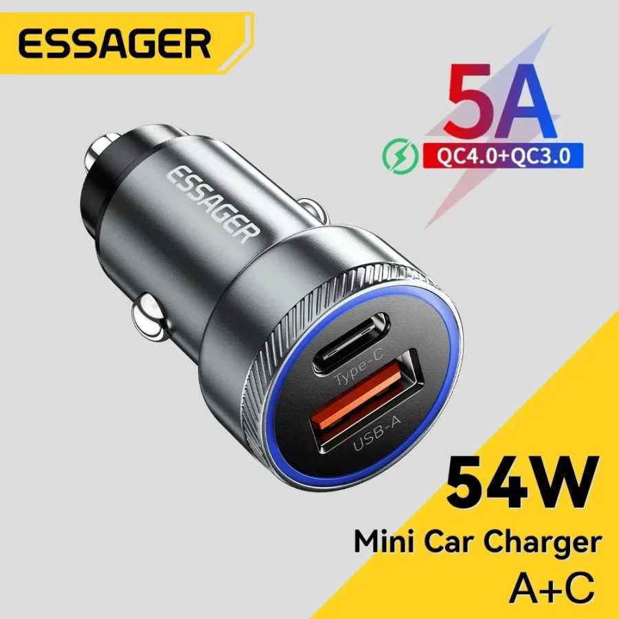 Essager 54W Автомобильное зарядное устройство 5A Быстрая зарядка типа C Быстрая зарядка 3.0 QC PD 3.0 SCP USB Автомобильное зарядное устройство для Xiaomi Samsung Iphone Зарядное устройство Аксессуары для мобильных телефонов