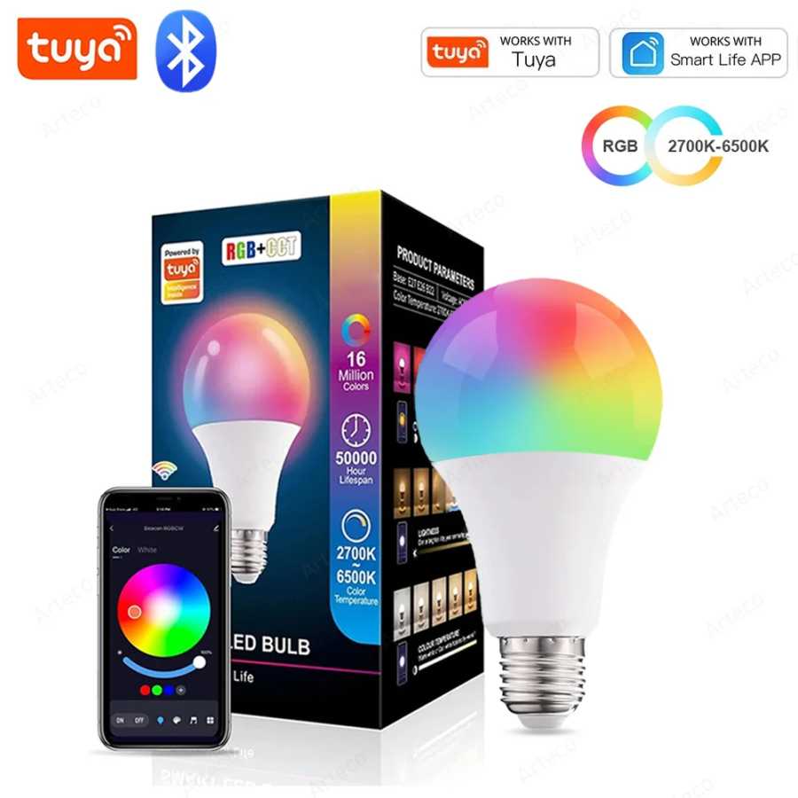 Bluetooth Smart LED Bulb Tuya Light Bulbs AC 85-265V Регулируемая прожекторная лампа 15 Вт E27 RGB + CW + WW Светодиодная лампа с изменением цвета для дома Лампочки и световые трубки