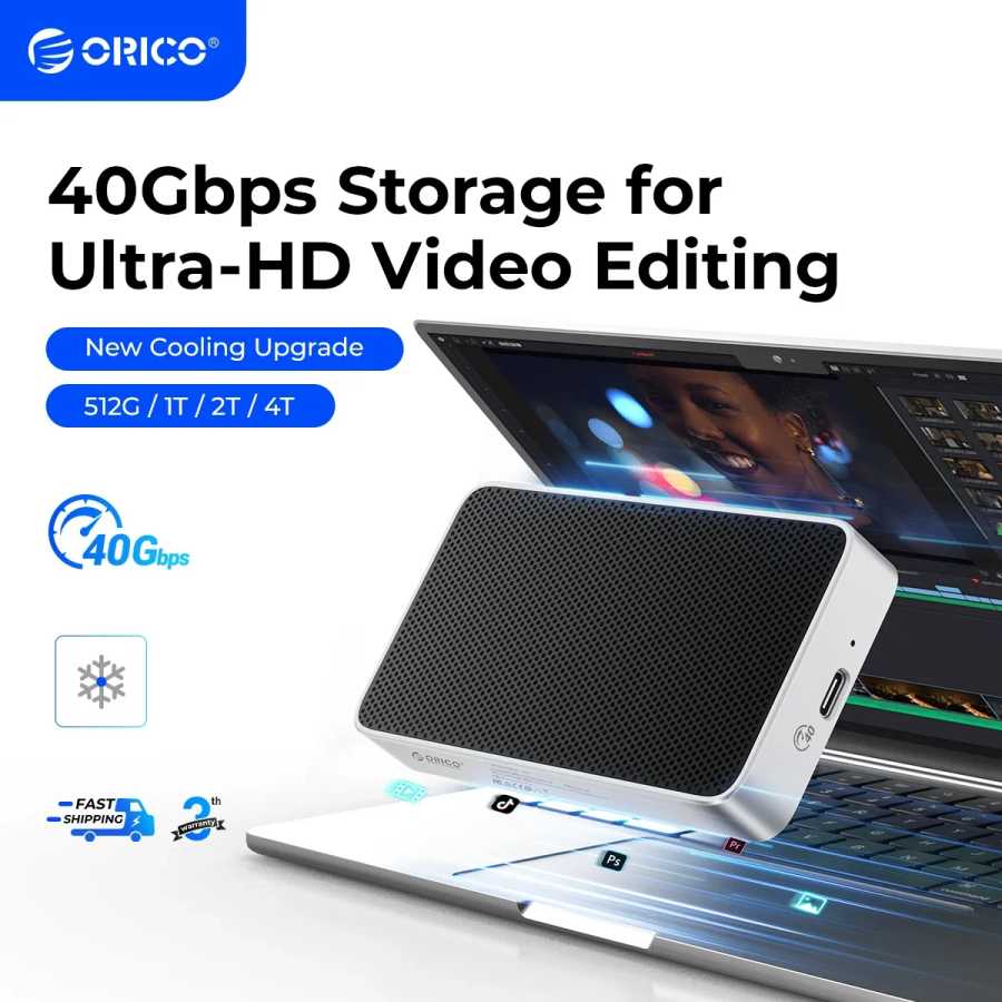 ORICO 40 Гбит/с USB4 Портативный NVMe 40 Гбит/с Сверхбыстрый внешний SSD-накопитель PCIe4.0 NVME До 3800 МБ/с Совместимый Thunderbolt 3/4 Хранение данных