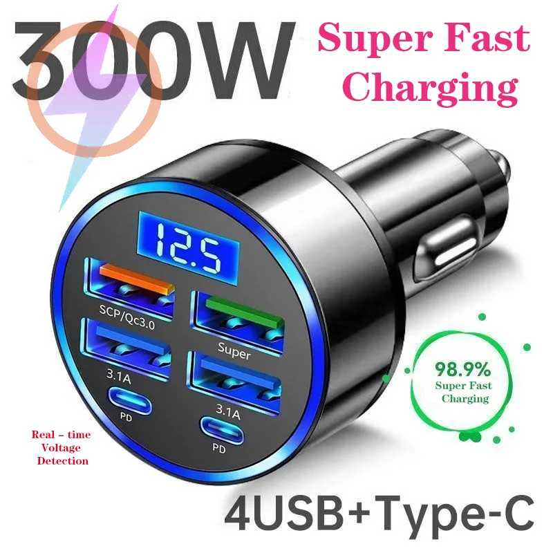 300 Вт, 6 портов, автомобильное зарядное устройство, быстрая зарядка PD/QC/SCP/FCP/AFC/PSS, автомобильный прикуриватель, зарядка вспышки с цифровым дисплеем Детали интерьера