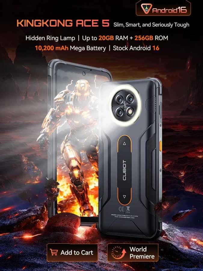 Защищённый смартфон Cubot KingKong ACE 5 на Android 16, 20 ГБ ОЗУ (8 ГБ + 12 ГБ расширения), 256 ГБ ПЗУ, аккумулятор 10200 мАч, 6,745-дюймовый экран с 120 Гц, 48 МП Камера, NFC, 4G телефон и Скрытая кольцевая лампа Мобильные телефоны